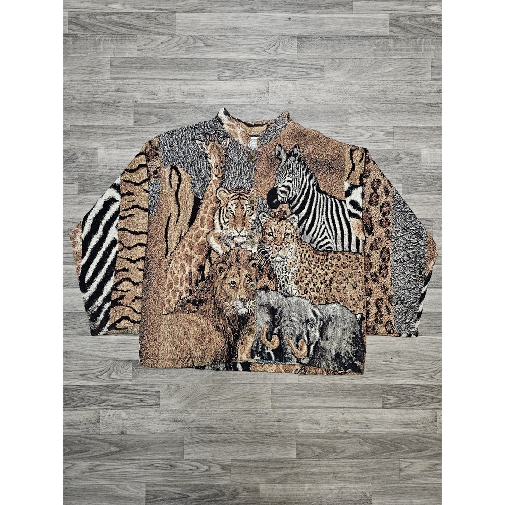 Sugar Street Weavers Cardigan Womens XL Safari Tapestry Zebra Animal Kingdom Zoo